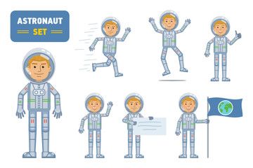 Set of astronaut illustrations showing various actions. Astronaut running, jumping, celebrating. Flat design vector illustration