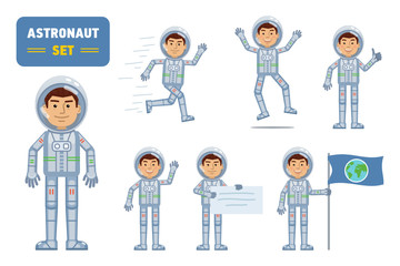 Set of astronaut illustrations showing various actions. Astronaut running, jumping, celebrating. Flat design vector illustration