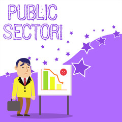 Text sign showing Public Sector. Business photo showcasing the part of an economy that is controlled by the state Businessman Clerk with Brief Case Standing Whiteboard Declining Bar Chart