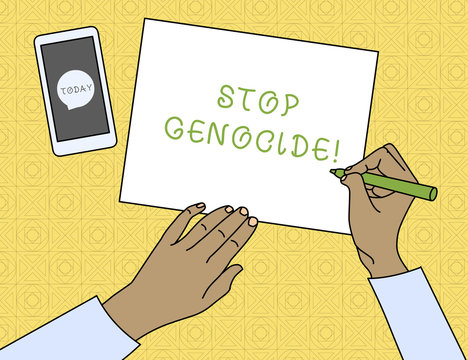 Conceptual hand writing showing Stop Genocide. Concept meaning to put an end on the killings and atrocities of showing Top View Man Writing Paper Pen Smartphone Message Icon