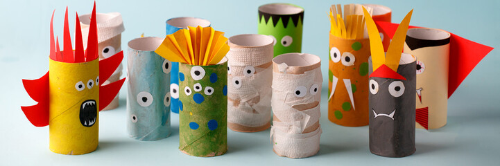 Coronavirus creative antistress, Halloween crafts, paper ghost, monsters on blue paper background...