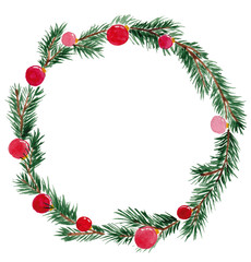 Fototapeta na wymiar Christmas wreath from the branches of spruce with Christmas balls. watercolor illustration for prints, cards, posters.