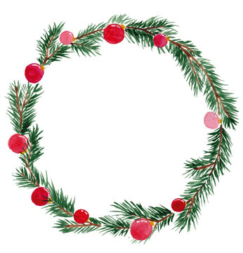 Christmas wreath from the branches of spruce with Christmas balls. watercolor illustration for prints, cards, posters.