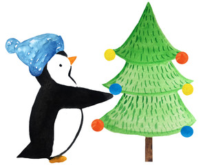 Cartoon penguin decorates the Christmas tree. watercolor illustration for prints and posters. New Year card