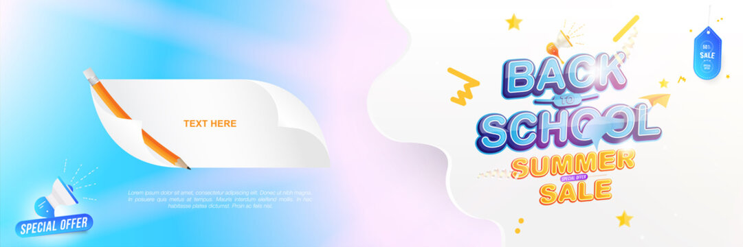 Banner Back to School. Summer Sale 50% offer. Text effect with a paper airplane and loudspeaker. Festive poster on the background with light effects. Flat Vector Illustration EPS10 - Powered by Adobe
