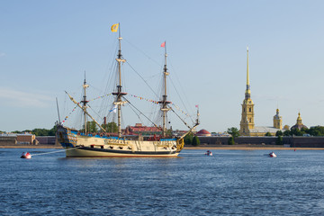 A copy of the old Russian battleship at the Peter and Paul Fortress on a July morning