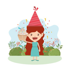 girl with party hat and cake in birthday celebration