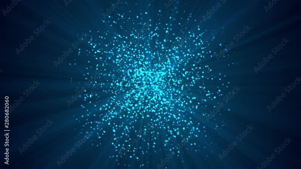 Poster many abstract small blue particles in sphere shape in space, computer generated abstract background,