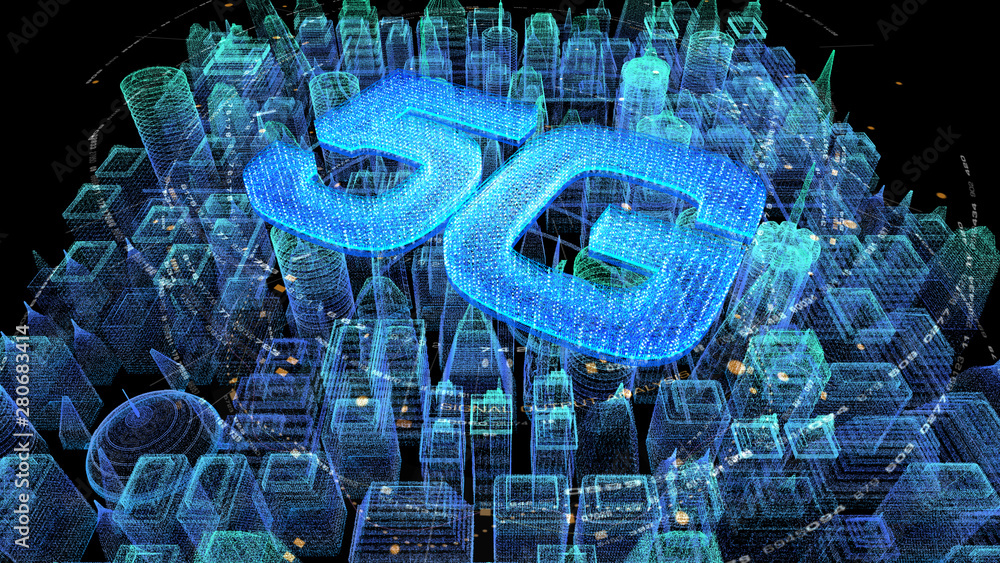 Aufkleber Futuristic holographic 5G digital wireless high speed fifth innovative generation for cellular network connectivity, high speed Internet broadband network