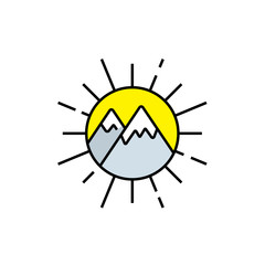 Sun mountains line icon. Mountain landscape inside yellow sun rays symbol. Outdoor nature sign. Vector illustration.