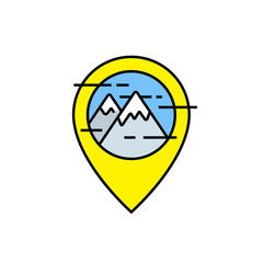 Mountains travel line icon. Outdoor navigation marker symbol. Yellow GPS map pin with mountain peak sign. Vector illustration.