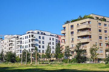 Modern beige and white apartment houses seen in Berlin, Germany