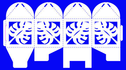 Openwork box with a lace ornament. Vector bonbonniere for wedding, birthday, baptism, party. Laser cut template. Silhouette of tropical palm leaves, exotic plant. Cube gift box to print, cut and fold.