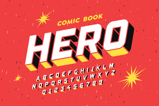Comic book style font design, alphabet letters and numbers