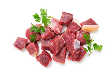 Raw chopped beef meat with spices. isolated on white background
