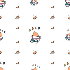 Autumn seamless pattern with school books, ABC leters, leaves. Background can be printed on textile, wallpaper, wrapping paper, greeting cards. Colorful hand drawing sketch. Vector illustration