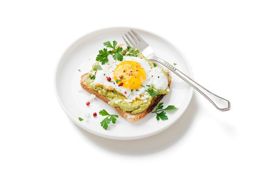 Toast with avocado puree and fried egg, healthy breakfast. isolated on white background