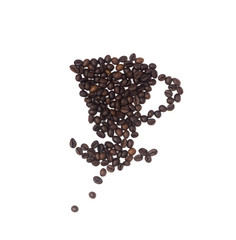 Cup of coffee beans on white background