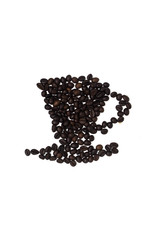 Cup of coffee beans on white background