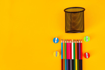 Pencil with pencil box and  pencil sharpener on white background