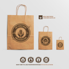 whole wheat bread brand identity mock up set, bakery stamp style label presentation on paper shopping bags, the logotype stamps on the realistic mockup bags contain transparencies, vector illustration - 280687837