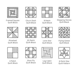 Quilt sewing pattern. Log cabin, pinwheel tiles. Quilting & patchwork blocks from fabric squares, triangles. Vector line icon set. Isolated objects
