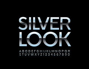 Vector modern banner Silver Look with elegant Alphabet. Reflective uppercase Font. Silver chic Letters and Numbers