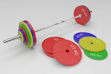 3d illustration of barbell with different colors disks.