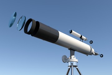 3d illustration of telescope on tripod. Telescope in section. Telescopic device.
