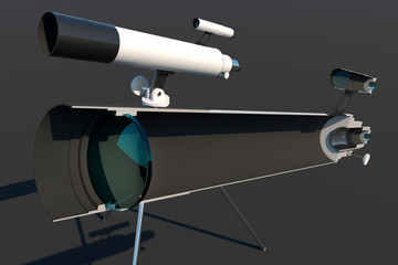3d illustration of telescope on tripod. Telescope in section. Telescopic device.