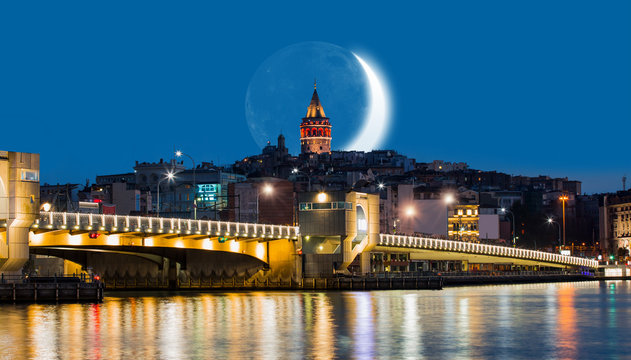 Night sky with moon in the clouds - Galata Tower with crescent moon - istanbul, Turkey "Elements of this image furnished by NASA"