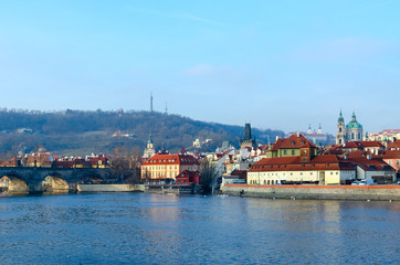 Beautiful view of Charles Bridge, Vltava River Embankment, Kampa Island in Prague, Czech Republic