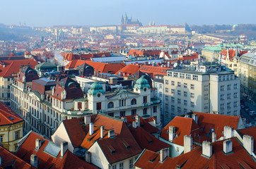 Fototapeta na wymiar Beautiful top view of historical center of Prague, New Town Hall, Czech Republic