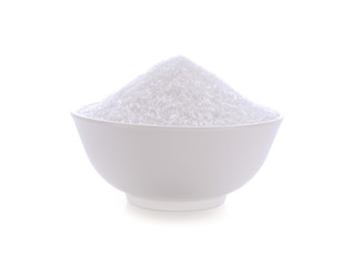 monosodium glutamate in wood bowl on white background