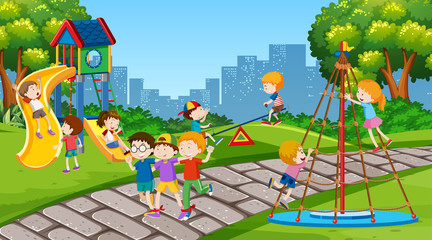 Active boys and girls playing sport and fun activities outside