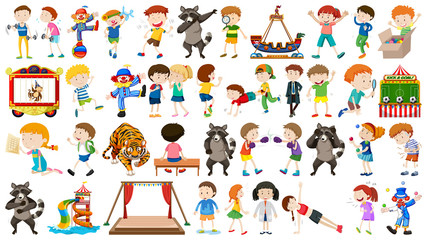 Huge circus collection with mixed animals, people, clowns and rides