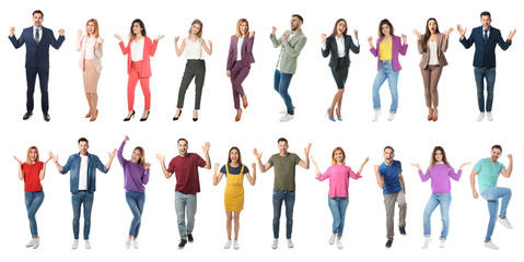 Collage of emotional people on white background. Banner design