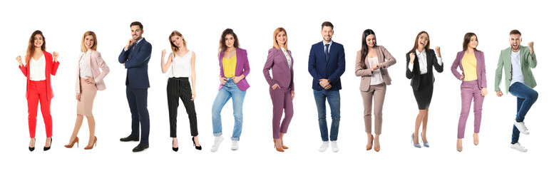 Obraz premium Collage of emotional people on white background. Banner design