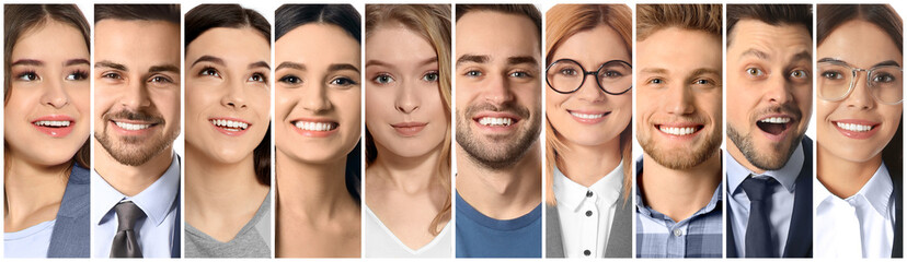 Collage of smiling people, closeup. Banner design