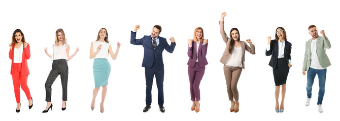 Collage of emotional people on white background. Banner design