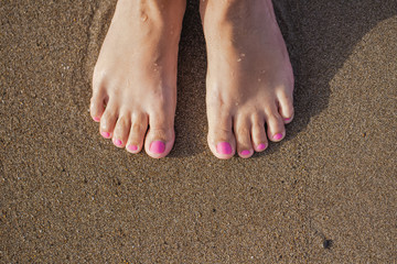 Top view of two female feet isolated on sunny wet sand of seashore. Happy woman enjoy summer...