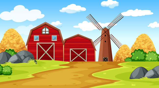 Farm scene with barn, hay, park and windmill