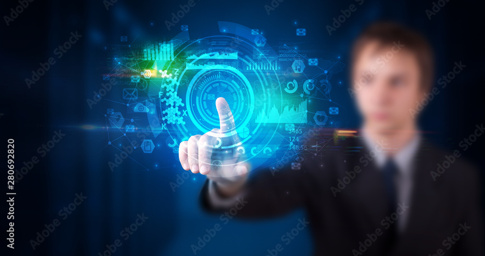 Poster man touching hologram screen displaying medical symbols and charts