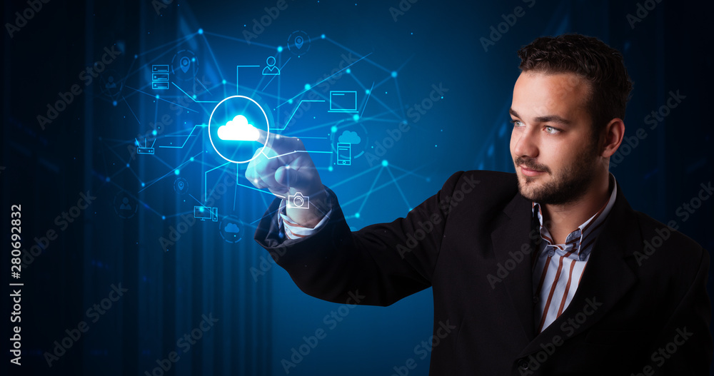 Poster Man touching hologram projection displaying cloud system