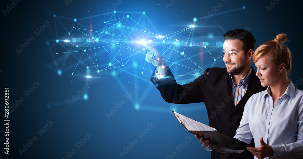 Poster Man and woman touching hologram screen displaying modern web system