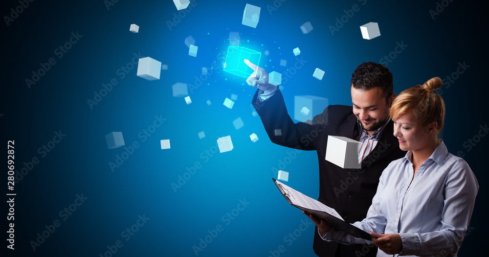 Poster man and woman touching hologram screen displaying cube symbols