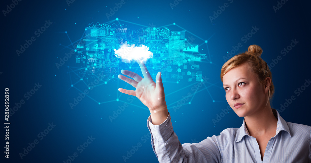 Poster woman touching hologram projection displaying information from cloud based system