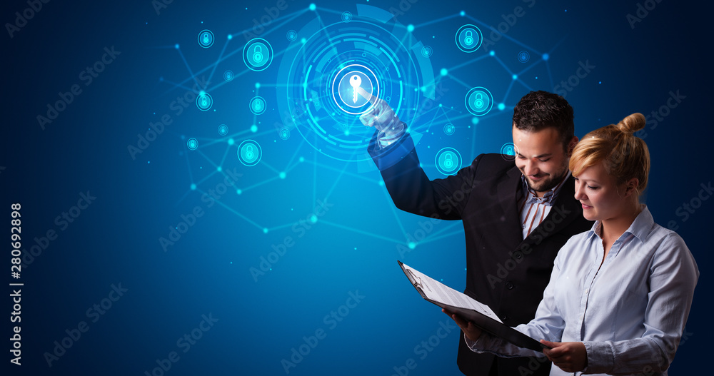 Poster Man touching hologram screen displaying keys and locks