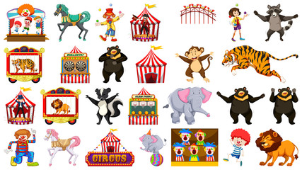Huge circus collection with mixed animals, people, clowns and rides