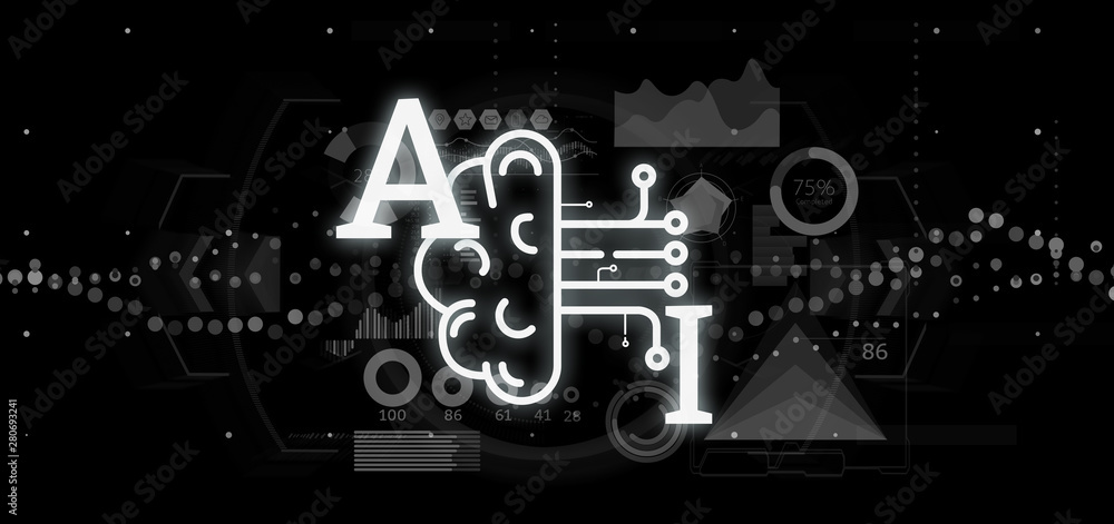 Poster artificial intelligence icon with half brain and half circuit 3d rendering